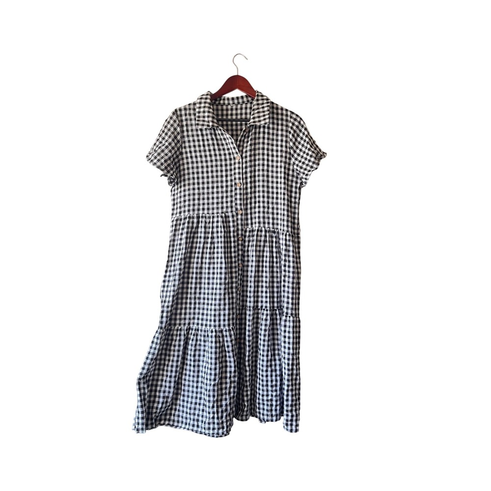 Vintage Gingham Tiered Midi Shirt Dress Black White Short Sleeve Button Front
